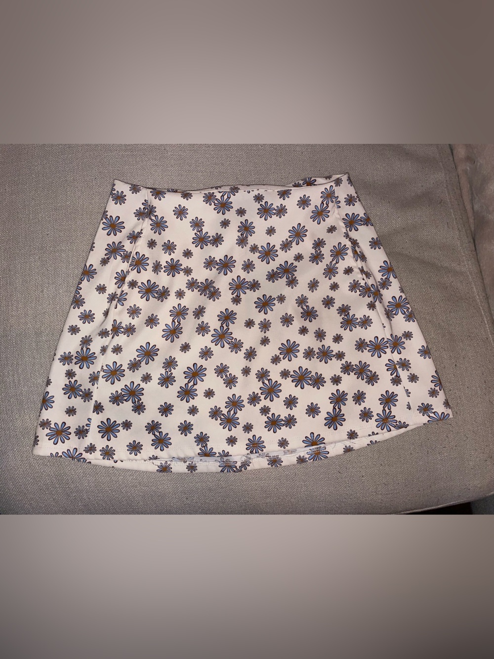Altar'd State White Mini Skirt with Blue & Brown Daisy Print